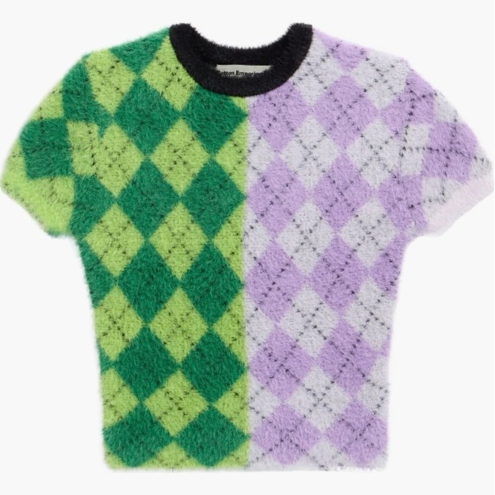 Cotton Emporium Kids Fuzzy Argyle Green and Purple Crewneck Sweater